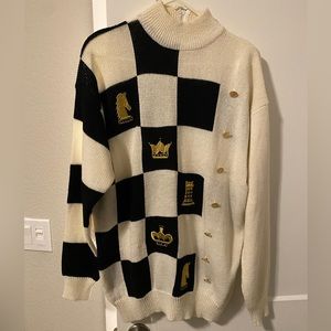 Vintage Ann Wi Knit Sweater Embroidered Chess Pieces Size Large